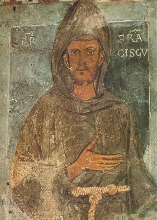 AnonymousUnknown author [FAL], <a href="https://commons.wikimedia.org/wiki/File:S.Francesco_speco.jpg" target="_blank">via Wikimedia Commons</a>
<br>
<b>Keterangan : </b>
<p>Lukisan tertua dari Santo Francis berada di dekat pintu masuk biara Benedictine di Subiaco Italia.<br>Dilukis antara Maret 1228 dan Maret 1229. Santo Fransiskus digambarkan tanpa stigmata.</p>