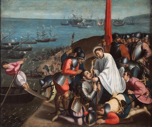 André Reinoso 1619 [CC0], <a href="https://commons.wikimedia.org/wiki/File:Saint_Francis_Xavier_Inspiring_Portuguese_Troops.png"  target="_blank">via Wikimedia Commons</a>