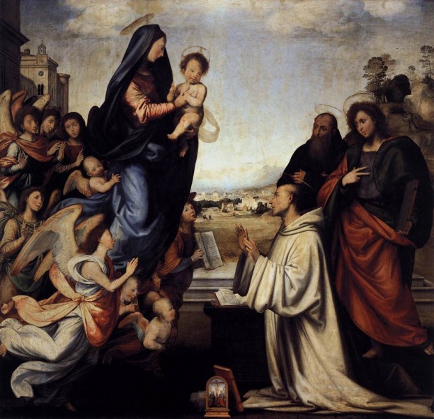 Fra Bartolomeo [Public domain], <a href="https://commons.wikimedia.org/wiki/File:Fra_bartolomeo_02_Vision_of_St_Bernard_with_Sts_Benedict_and_John_the_Evangelist.jpg"  target="_blank">via Wikimedia Commons</a>