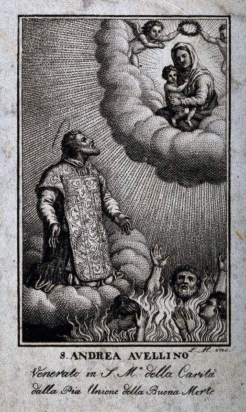 See page for author [<a href="https://creativecommons.org/licenses/by/4.0"  target="_blank">CC BY 4.0</a>], <a href="https://commons.wikimedia.org/wiki/File:Saint_Andrew_Avellino._Engraving_by_L.M._Wellcome_V0031572.jpg"  target="_blank">via Wikimedia Commons</a>