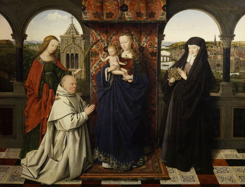 Jan van Eyck and workshop [Public domain], <a href="https://commons.wikimedia.org/wiki/File:Jan_van_Eyck_-_Virgin_and_Child,_with_Saints_and_Donor_-_1441_-_Frick_Collection.jpg"  target="_blank">via Wikimedia Commons</a>