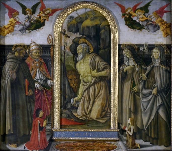 Francesco Botticini [Public domain], <a href="https://commons.wikimedia.org/wiki/File:Botticini,_Francesco_-_San_Gerolamo_Altarpiece_-_National_Gallery_London.jpg"  target="_blank">via Wikimedia Commons</a>
<br />
<b>Description :</b>
<p>
To either side are saints connected with him: Pope Damasus and Saint Eusebius on the left, and Saint Paula with a book and Saint Eustochium with a lily on the right. In the foreground, either side of the panel with Saint Jerome, two donors kneel, possibly Gerolamo di Piero di Cardinale Rucellai (died 1497?) and his son. Altarpiece complete in its original frame. The frame was extensively remade and regilded in about 1850
</p>