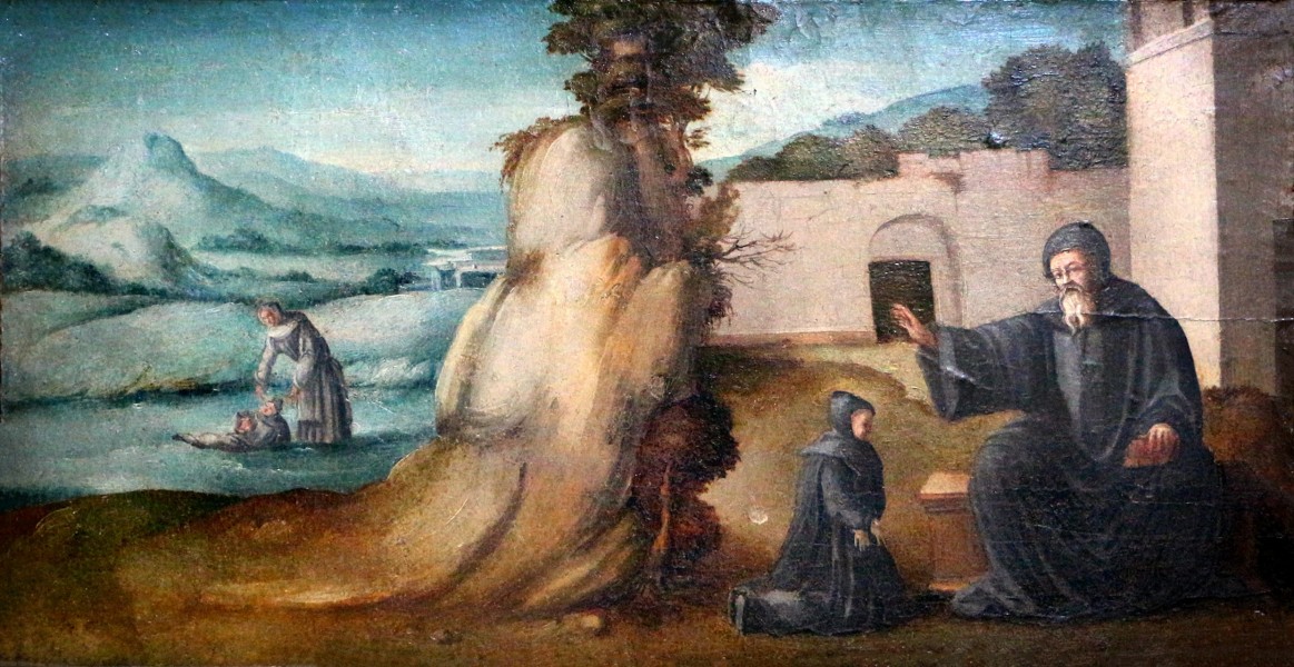 Saint Benedict orders Saint Maurus to the rescue of Saint Placid (The Miracle of Saint Benedict) - Painting by Bachiacca

<a href="https://commons.wikimedia.org/wiki/File:Bacchiacca,_battesimo_di_cristo,_predella,_05_miracolo_di_san_benedetto.jpg" title="via Wikimedia Commons" target="_blank">Sailko</a> [<a href="https://creativecommons.org/licenses/by/3.0" target="_blank">CC BY</a>]