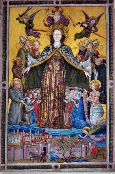 "Gonfalone di S. Francesco al prato", painting (1464) by Benedetto Bonfigli and Mariano d'Antonio; on Mary's left side from the top : San Lorenzo, Ercolano, St. Francis and St. Bernardino; on the right side: S. Lodovico, Costanzo, St. Peter and St. Sebastian; in the Oratorio of San Bernardino; Perugia, Italy



<a href="https://commons.wikimedia.org/wiki/File:Perugia_092.JPG" title="via Wikimedia Commons" target="_blank">Benedetto Bonfigli</a> / <a href="https://creativecommons.org/licenses/by/3.0" target="_blank">CC BY</a>