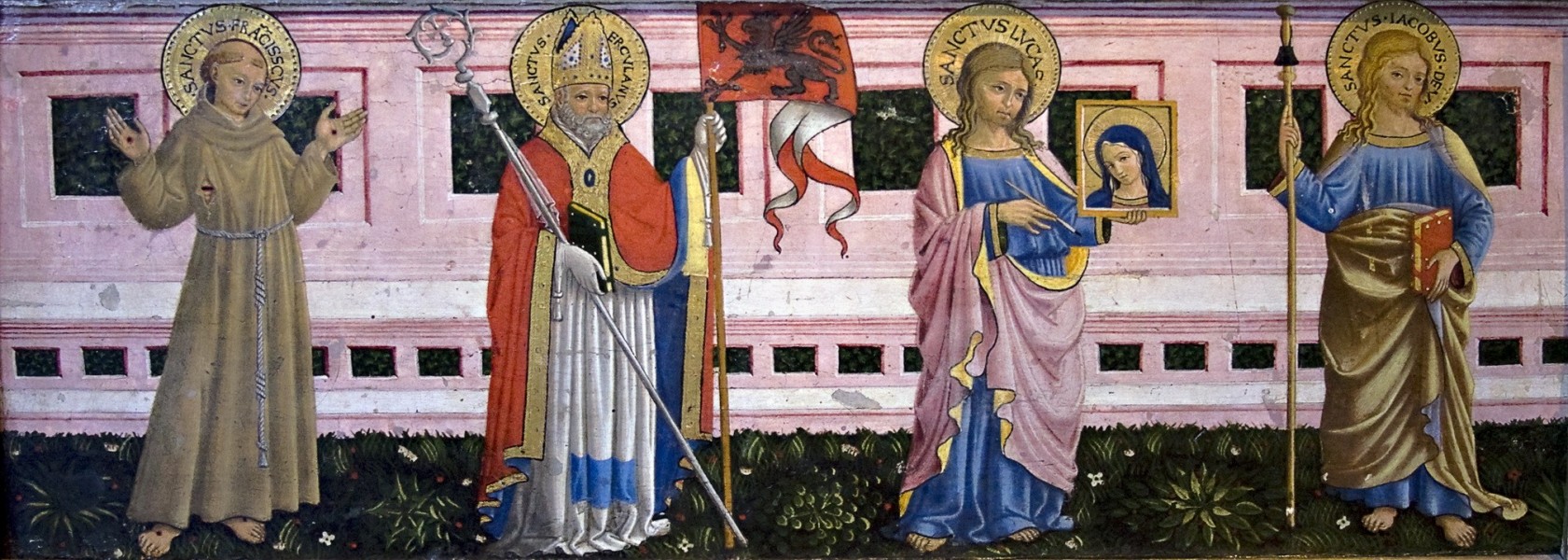 Painting by : Bartolomeo Caporali - Ss.Francis of Assisi, Herculanus, Luke and James the Greater - currently in the Hermitage, St Petersburg, Russia. Tag on exhibit reads - "entered in 1926, formerly collection G. Stroganov, Petersburg"


<a href="https://commons.wikimedia.org/wiki/File:Caporalifrancisofassisiherculanlukejamesthegreater.jpg" title="via Wikimedia Commons" target="_blank">Ealdgyth</a> / <a href="https://creativecommons.org/licenses/by-sa/3.0" target="_blank">CC BY-SA</a>