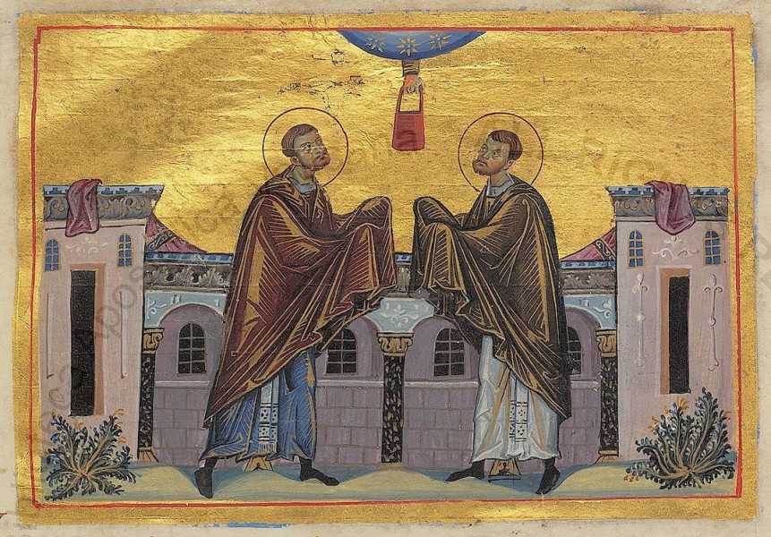 Saint Cosmas and Saint Damian (Menologion of Basil II)

<a href="https://commons.wikimedia.org/wiki/File:Cosmas_and_Damian_(Menologion_of_Basil_II).jpg" title="via Wikimedia Commons" target="_blank">Master of The Menologion of Basil II</a> / Public domain