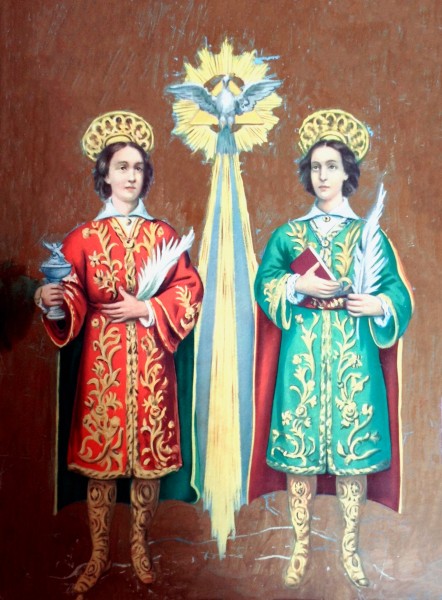 Byzantine icon Saints Cosmas and Damian -  Chiesa San Basilio Magno, Italy

<a href="https://commons.wikimedia.org/wiki/File:Chiesa_San_Basilio_Magno_(interior)08.jpg" title="via Wikimedia Commons" target="_blank">Asia</a> / <a href="https://creativecommons.org/licenses/by-sa/4.0" target="_blank">CC BY-SA</a>