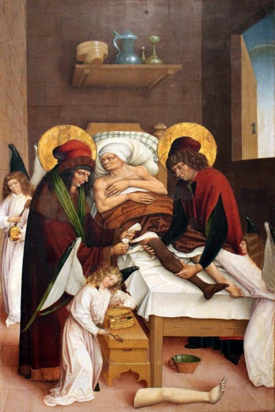 Miracle of Sts. Cosmas and Damian, replacing a failed leg with a Moorish one, Ditzingen, Kreis Ludwigsburg, early 16th century

<a href="https://commons.wikimedia.org/wiki/File:1515_Wunder_der_heiligen_Cosmas_und_Damian_anagoria.JPG" title="via Wikimedia Commons" target="_blank">Landesmuseum Württemberg</a> / Public domain