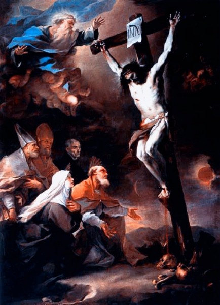 Painting of the Patron Saints of Naples (Baculus, Euphebius, Francis Borgia, Aspren, and Candida the Elder) adoring the Crucifix. Oil on canvas. 17th century.)

<a href="https://commons.wikimedia.org/wiki/File:Luca_Giordano_Protector_saints_of_Naples.jpg" title="via Wikimedia Commons" target="_blank">Luca Giordano</a> / Public domain
