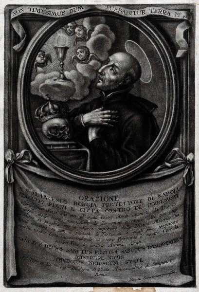 Saint Francis Borgia praying at an altar - Wellcome Collection gallery

<a href="https://commons.wikimedia.org/wiki/File:Saint_Francis_Borgia_praying_at_an_altar;_cupids_and_Wellcome_V0031999.jpg" title="via Wikimedia Commons" target="_blank">See page for author</a> / <a href="https://creativecommons.org/licenses/by/4.0" target="_blank">CC BY</a>