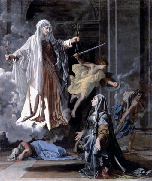 Saint Frances Announcing the End of the Plague in Rome - by Nicolas Poussin, 1657

<a href="https://commons.wikimedia.org/wiki/File:Poussin_Sainte_Fran%C3%A7oise_Romaine_Louvre.jpg" target="_blank">Nicolas Poussin</a>, Public domain, via Wikimedia Commons